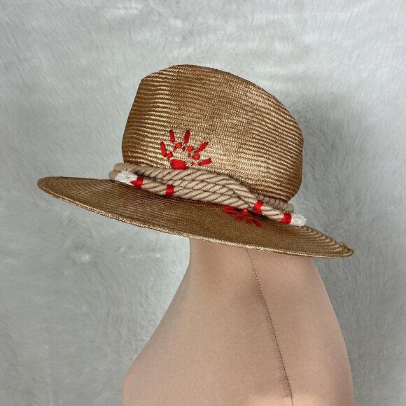 Alessandra Rivera Accessories - Alessandra Rivera Beige Straw Rope Trim Red Floral or Sun Embroidery Hat M